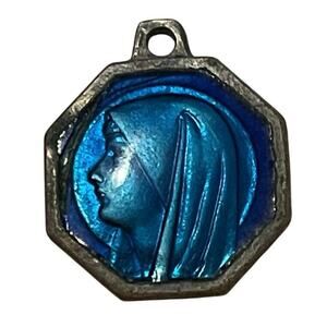 Vintage Catholic Miraculous Mary Blue Enamel Tiny Octagon Pendant Religious
